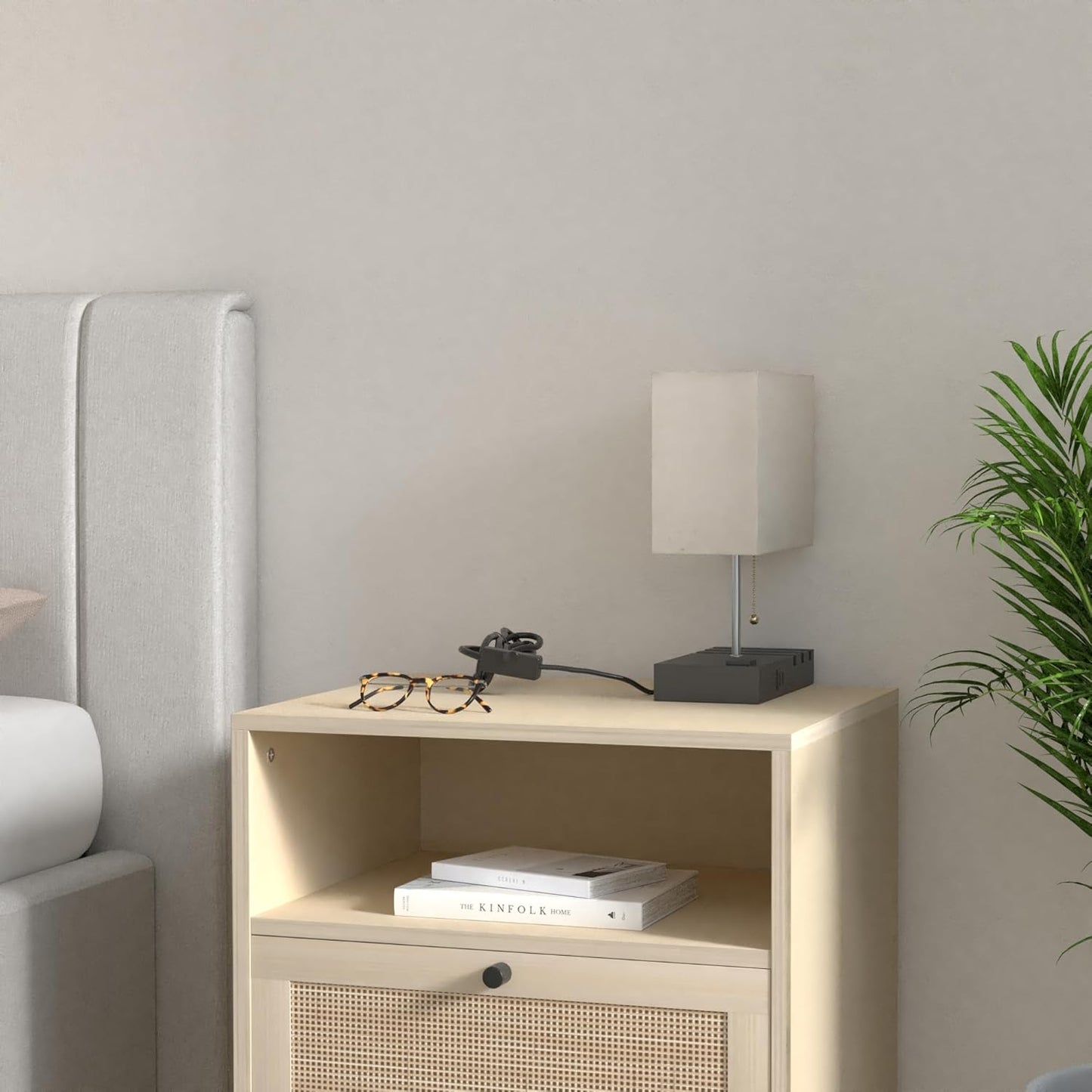 USB Bedside Lamp with Phone Stands, Table Lamp Dual Charging Ports, Nightstand Lamp for Bedroom,Minimalist Fabric Linen Lamp Shade with Pull Chain, E26 Warm White LED Bulb Included