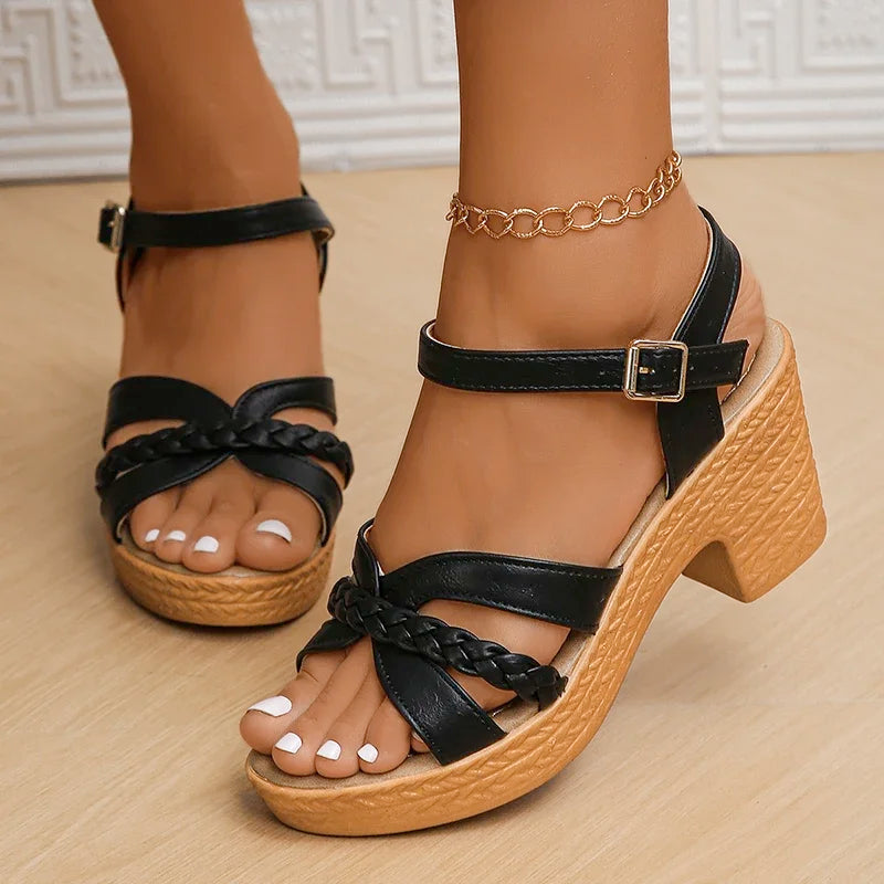 Lightweight High Heeled Sandals for Women 2025 Summer Ankle Buckle Female Gladiator Sandal Woven Platform Sandles Woman