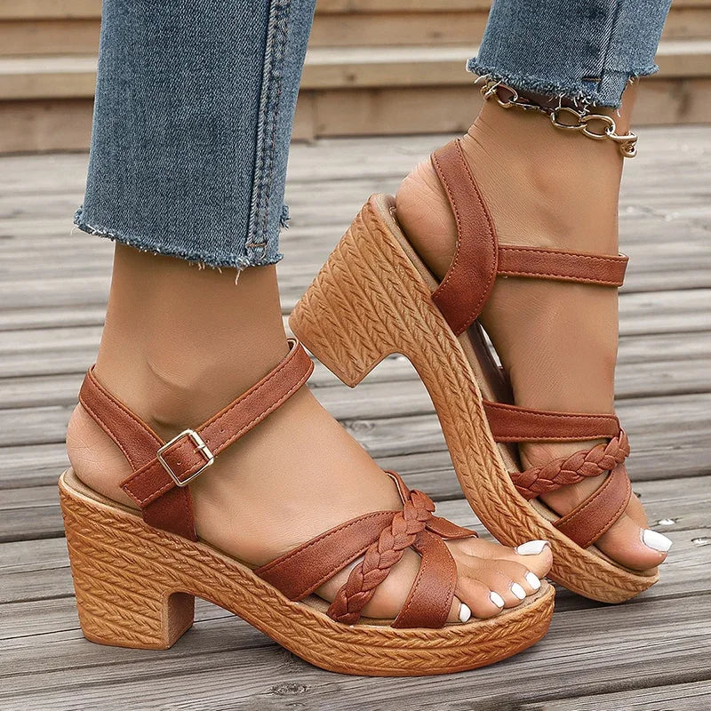 Lightweight High Heeled Sandals for Women 2025 Summer Ankle Buckle Female Gladiator Sandal Woven Platform Sandles Woman