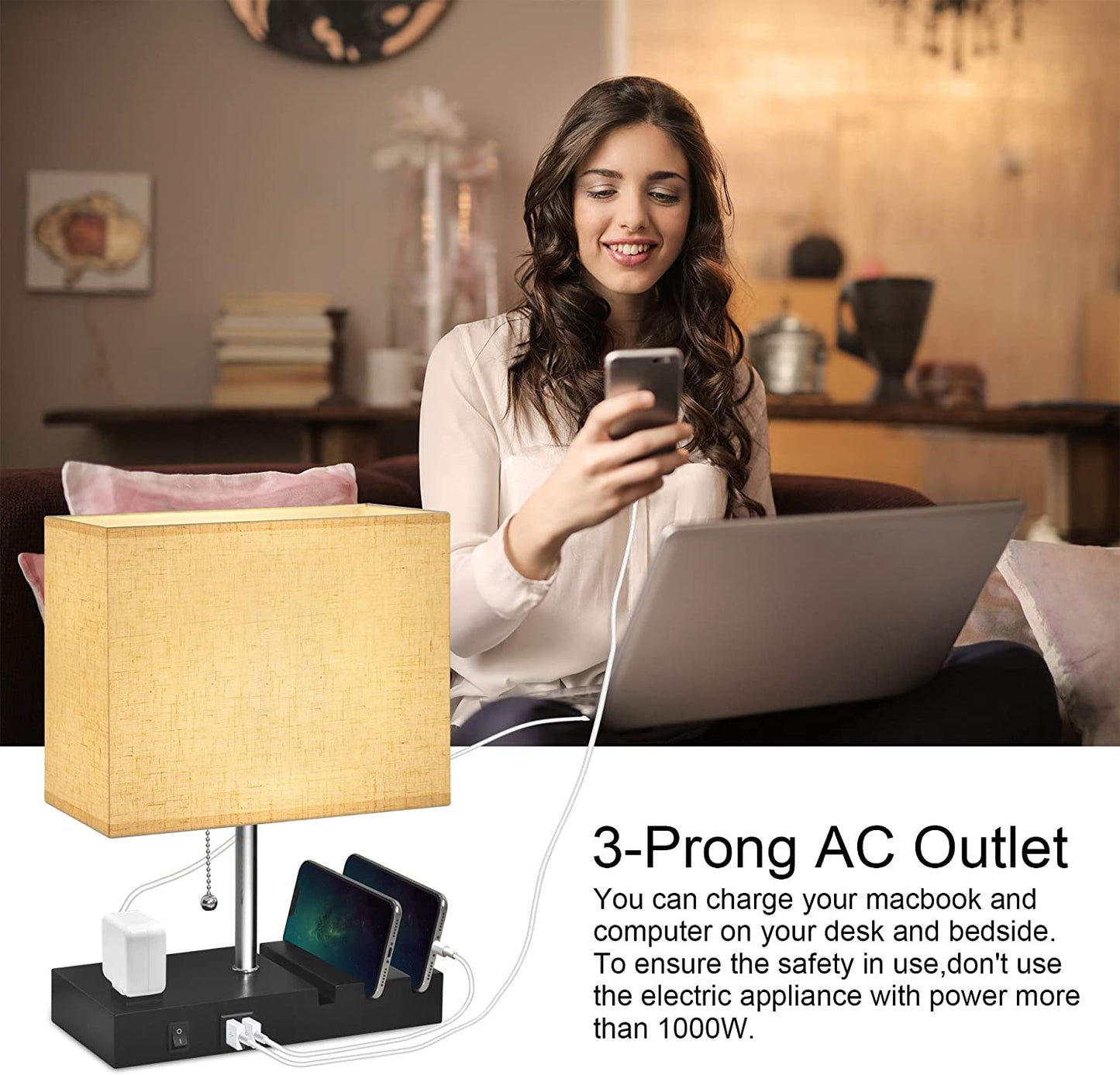 USB Bedside Lamp with Phone Stands, Table Lamp Dual Charging Ports, Nightstand Lamp for Bedroom,Minimalist Fabric Linen Lamp Shade with Pull Chain, E26 Warm White LED Bulb Included