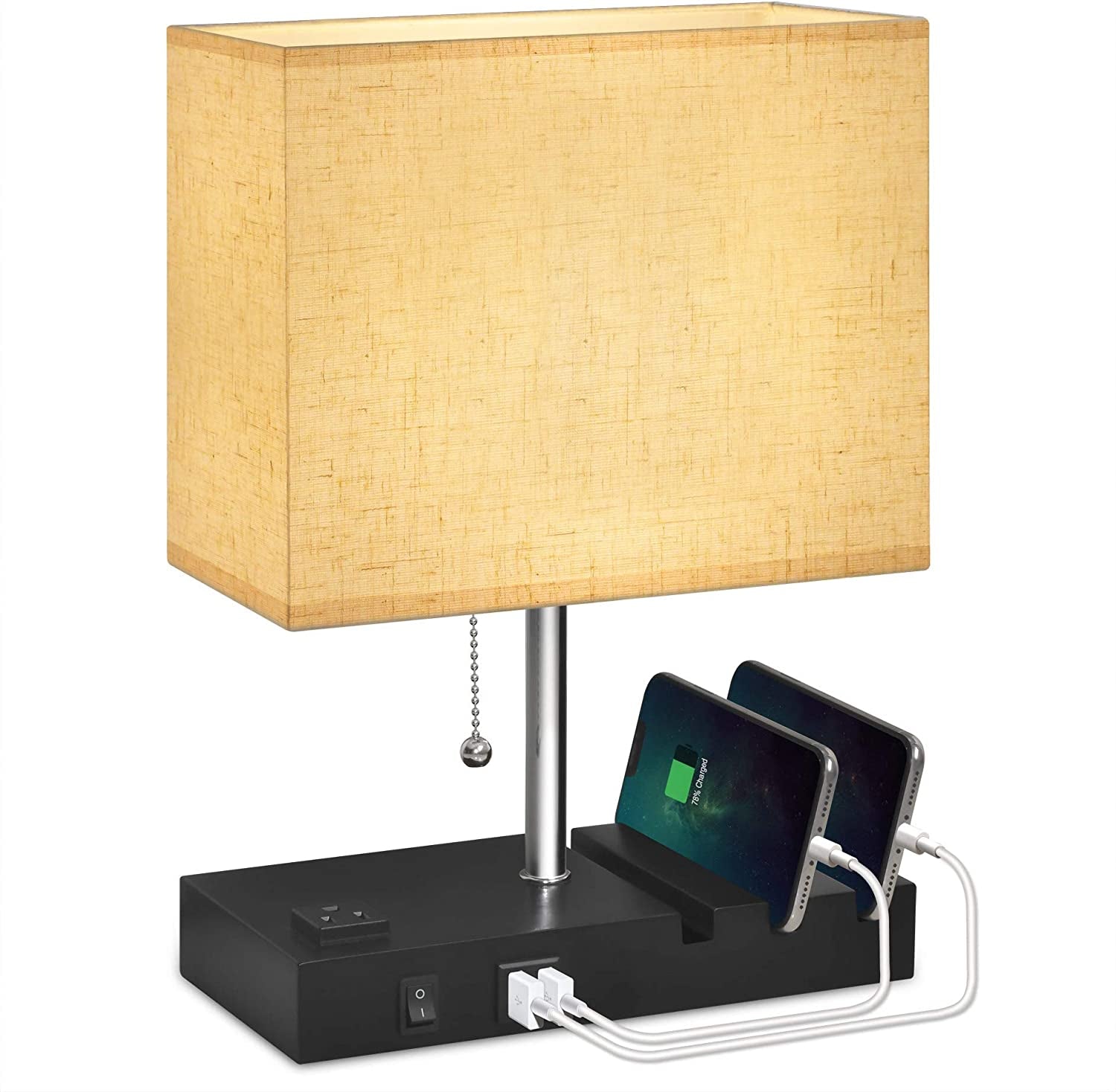 USB Bedside Lamp with Phone Stands, Table Lamp Dual Charging Ports, Nightstand Lamp for Bedroom,Minimalist Fabric Linen Lamp Shade with Pull Chain, E26 Warm White LED Bulb Included