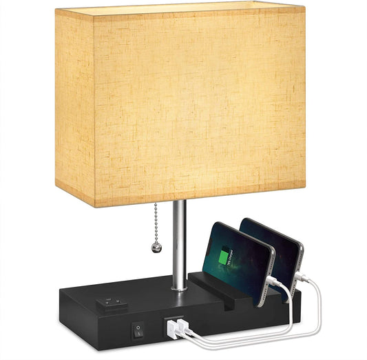 USB Bedside Lamp with Phone Stands, Table Lamp Dual Charging Ports, Nightstand Lamp for Bedroom,Minimalist Fabric Linen Lamp Shade with Pull Chain, E26 Warm White LED Bulb Included