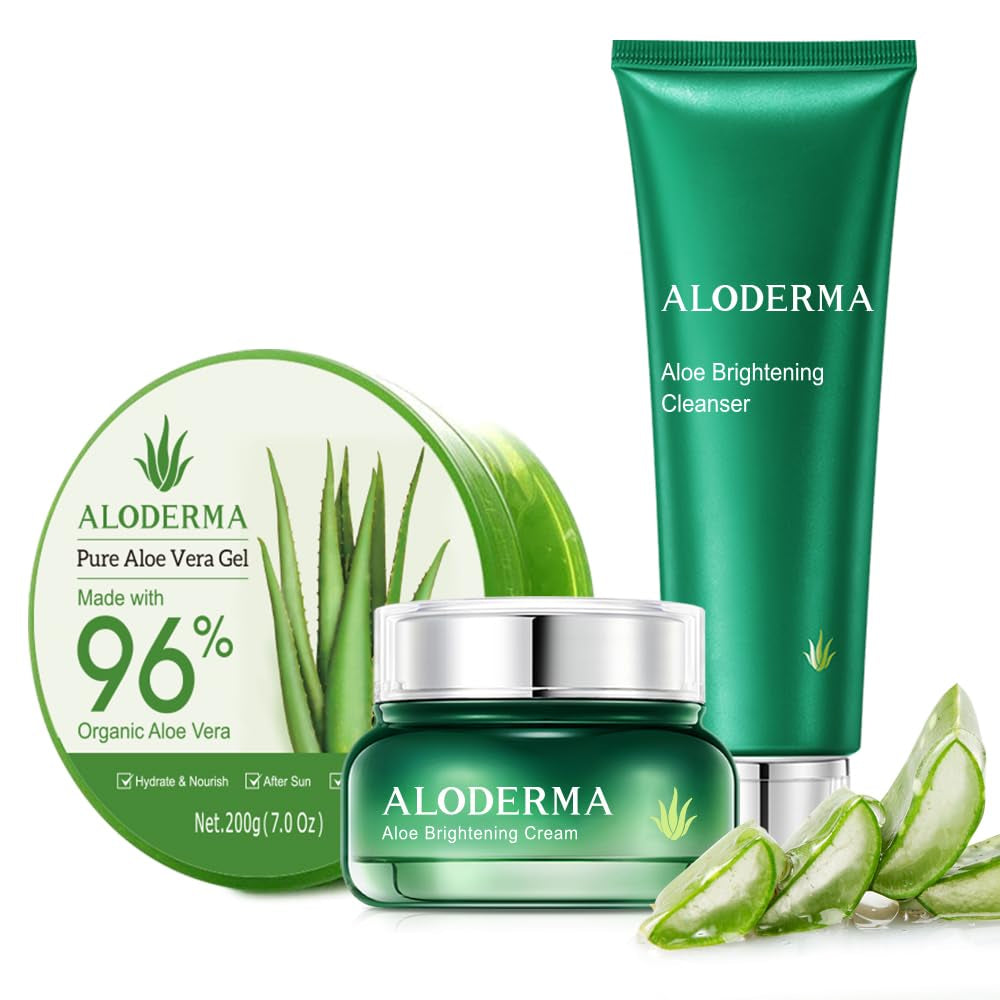 Basic Aloe Brightening Skin Care Set - 4 Pieces - Cleanser, Cream, 200G Aloe Vera Gel X 2Pcs