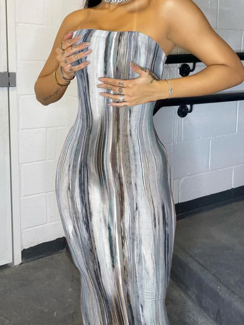 Sexy Boho Style Colorful Striped Tie-Dyed Long Maxi Dress Women Strapless Sleeveless Bodycon Dress Elegant Club Party Vestidos
