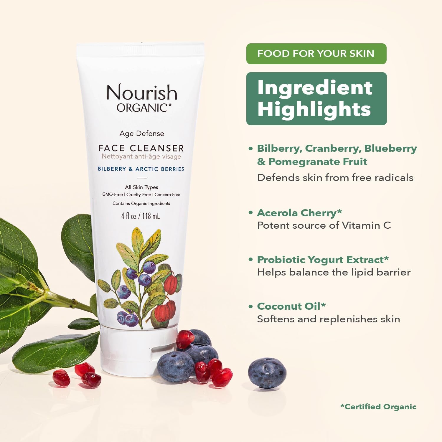 Face Cleanser, Age Defense Bilberry & Arctic Berries – Anti-Aging Face Wash with Aloe Vera + Washable Cotton Round
