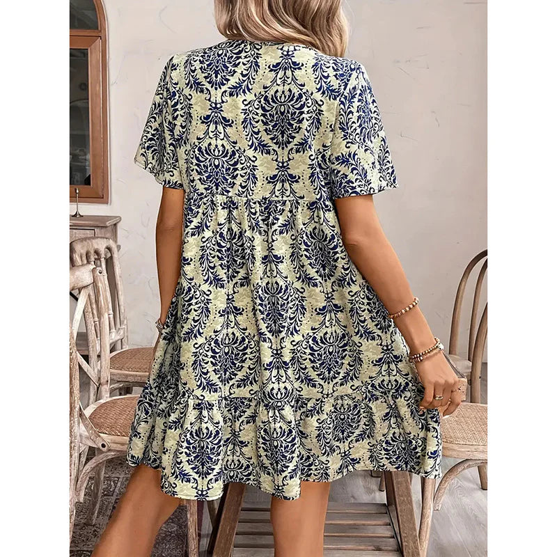 Women Casual Summer Bohemian Drawstring V Neck Short Sleeve Floral Print Flowy Dress