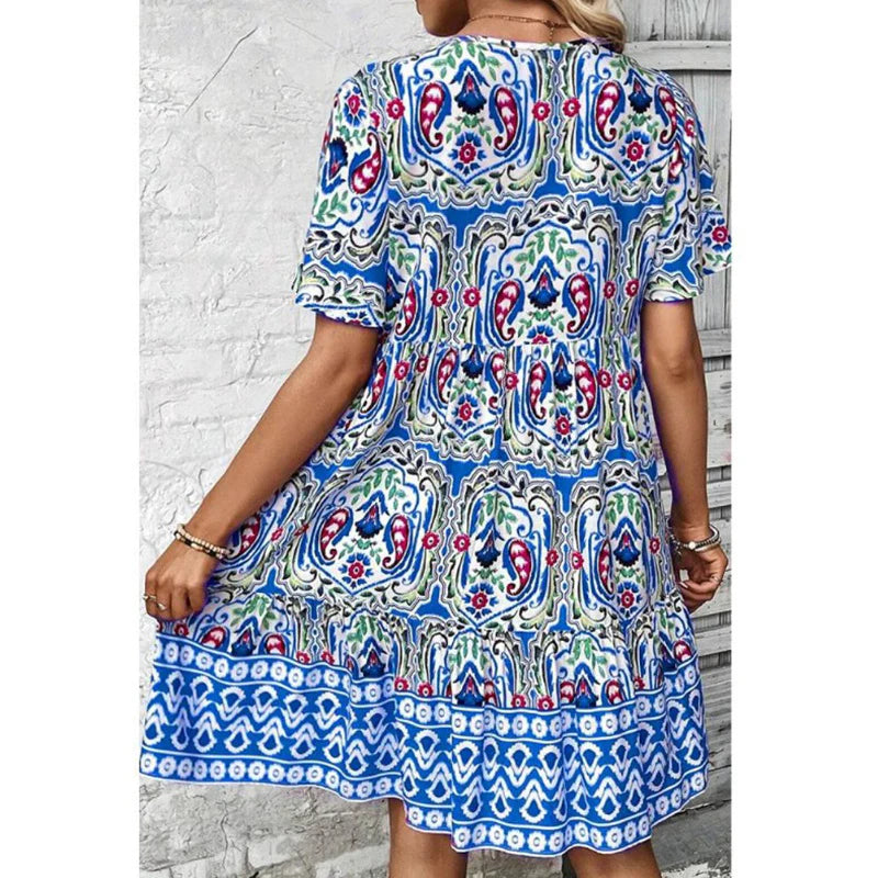 Women Casual Summer Bohemian Drawstring V Neck Short Sleeve Floral Print Flowy Dress
