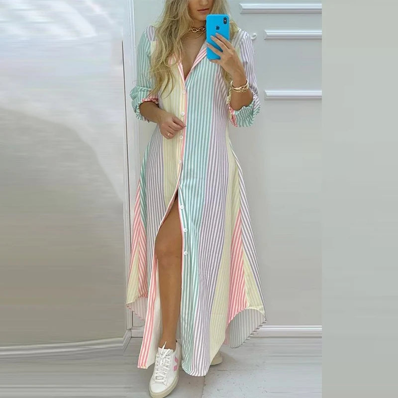 Boho Dress 2021 Autumn Single Breasted Button Irregular Long Dress Women Sexy Turn-Down Collar Newspaper Letter Print Maxi Dress