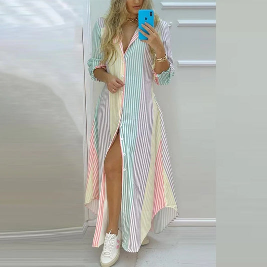 Boho Dress 2021 Autumn Single Breasted Button Irregular Long Dress Women Sexy Turn-Down Collar Newspaper Letter Print Maxi Dress
