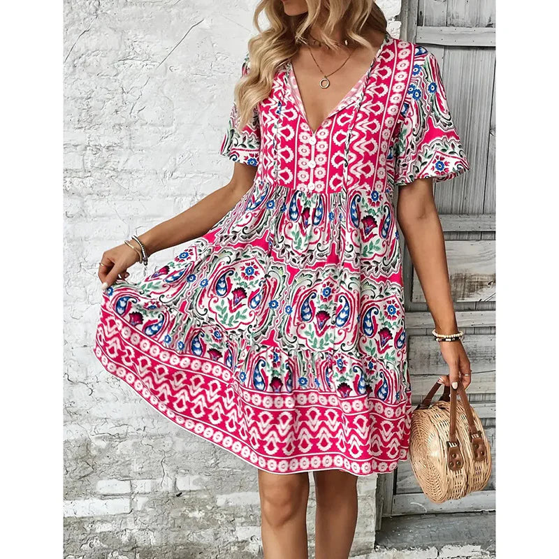 Women Casual Summer Bohemian Drawstring V Neck Short Sleeve Floral Print Flowy Dress