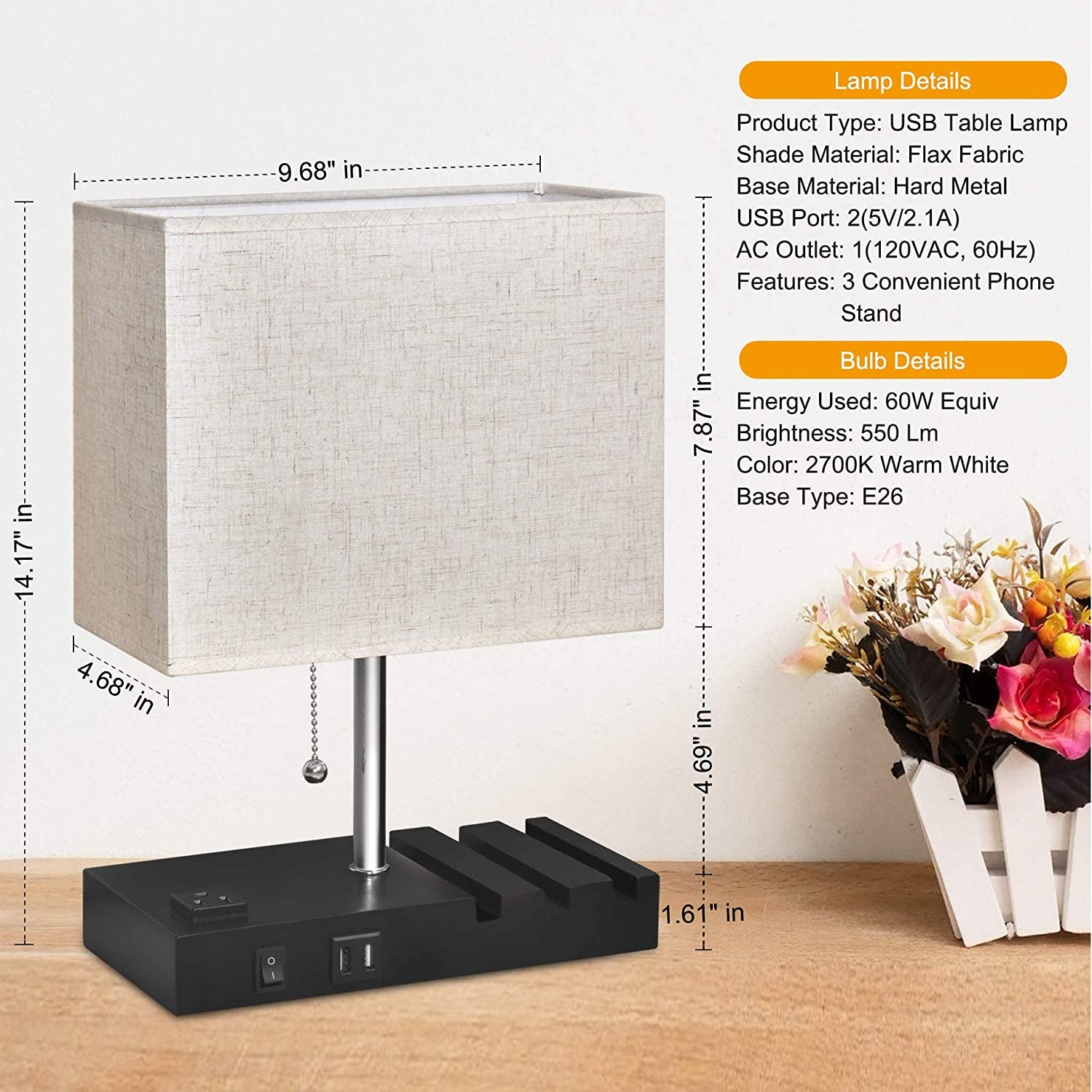 USB Bedside Lamp with Phone Stands, Table Lamp Dual Charging Ports, Nightstand Lamp for Bedroom,Minimalist Fabric Linen Lamp Shade with Pull Chain, E26 Warm White LED Bulb Included