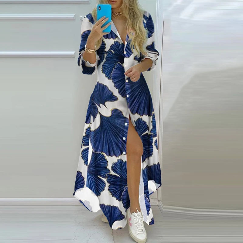 Boho Dress 2021 Autumn Single Breasted Button Irregular Long Dress Women Sexy Turn-Down Collar Newspaper Letter Print Maxi Dress