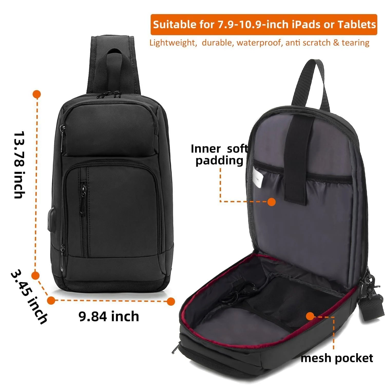 Sling Bag for Men Black Crossbody Bag with USB Charging Port Fits 10.2 Inch Ipad