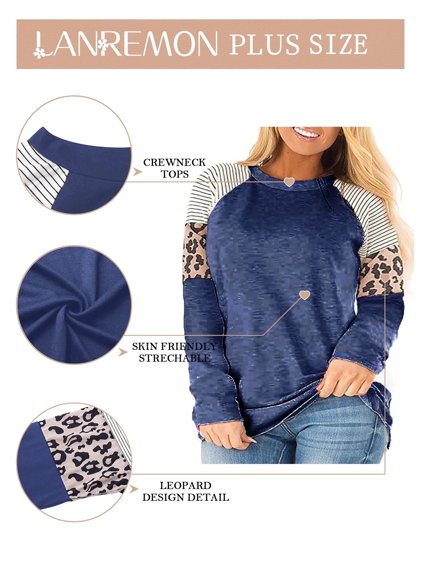 Plus Size Tops for Women Long Sleeve Crewneck Fall Tshirt Shirts Striped Print Fashion Tunic Blouse Tee for Woman Clothing