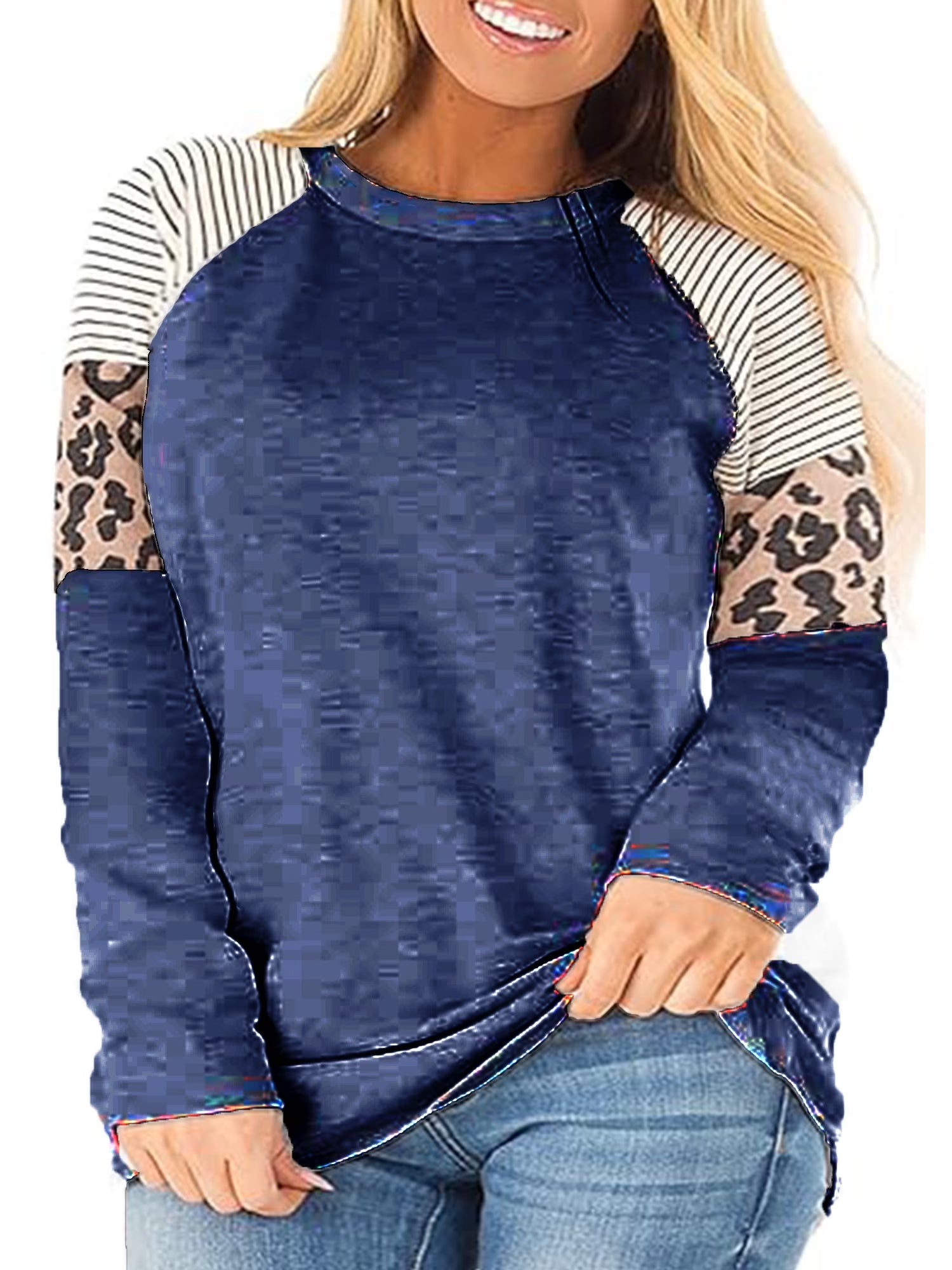 Plus Size Tops for Women Long Sleeve Crewneck Fall Tshirt Shirts Striped Print Fashion Tunic Blouse Tee for Woman Clothing