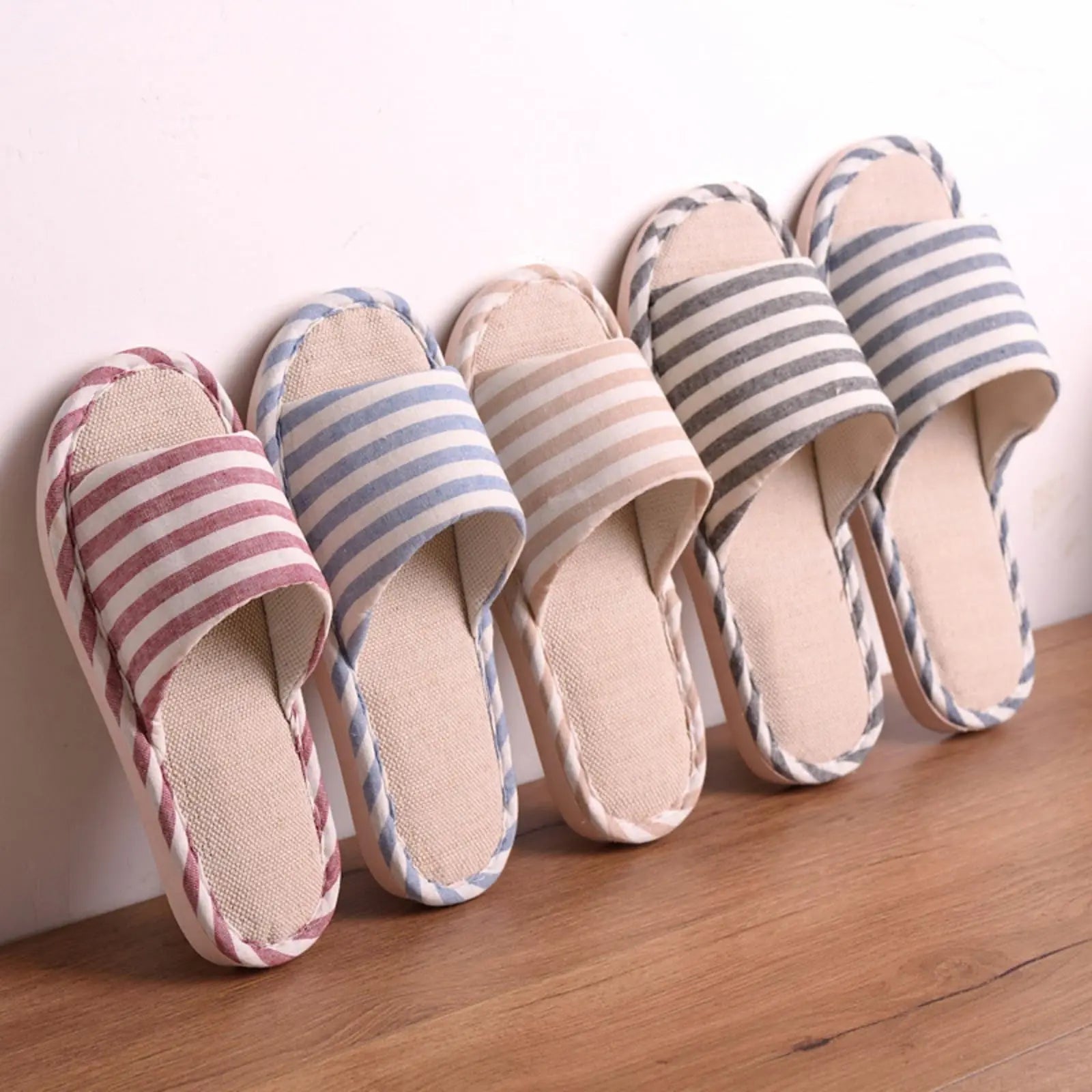 Linen Slippers, Striped Sandals for Women Men, Unisex Washable Open-Toe Home Slippers with Cute Print, Non-Slip Slippers