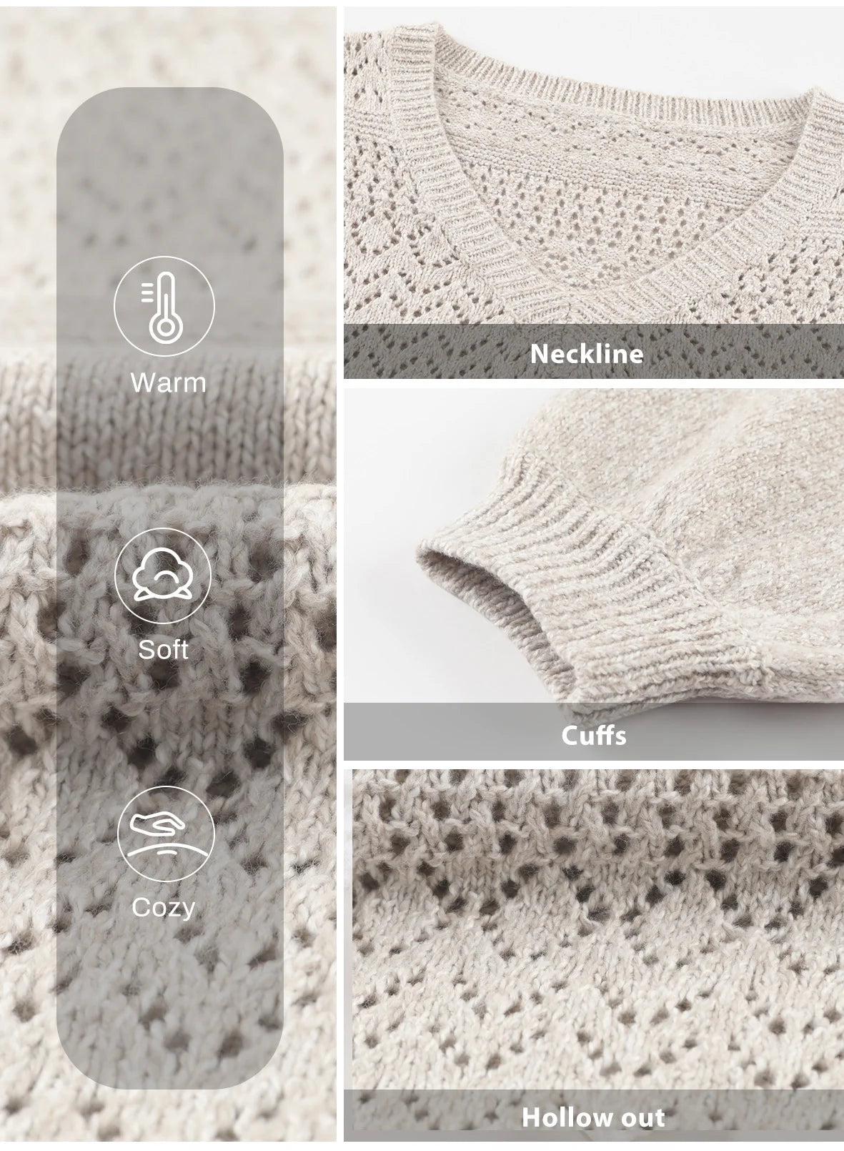 Sweaters for Women Oversized Sweater Fall Lightweight Crochet Sweater Hollow Out Knit Pullover Sweater Tops Casual Long Sleeve V Neck Sweater White XL