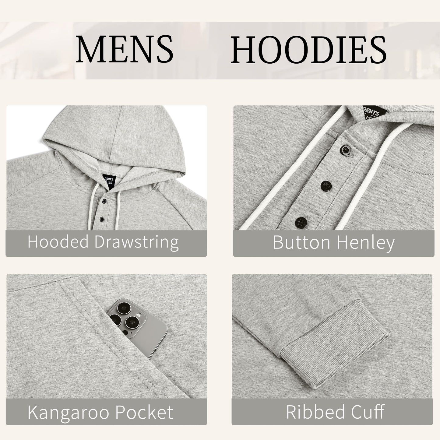 Henley Men Hoodies Sweatshirts Lightweight Sweatshirts for Men Drawstring Men Hoodies with Kangaroo Pocket