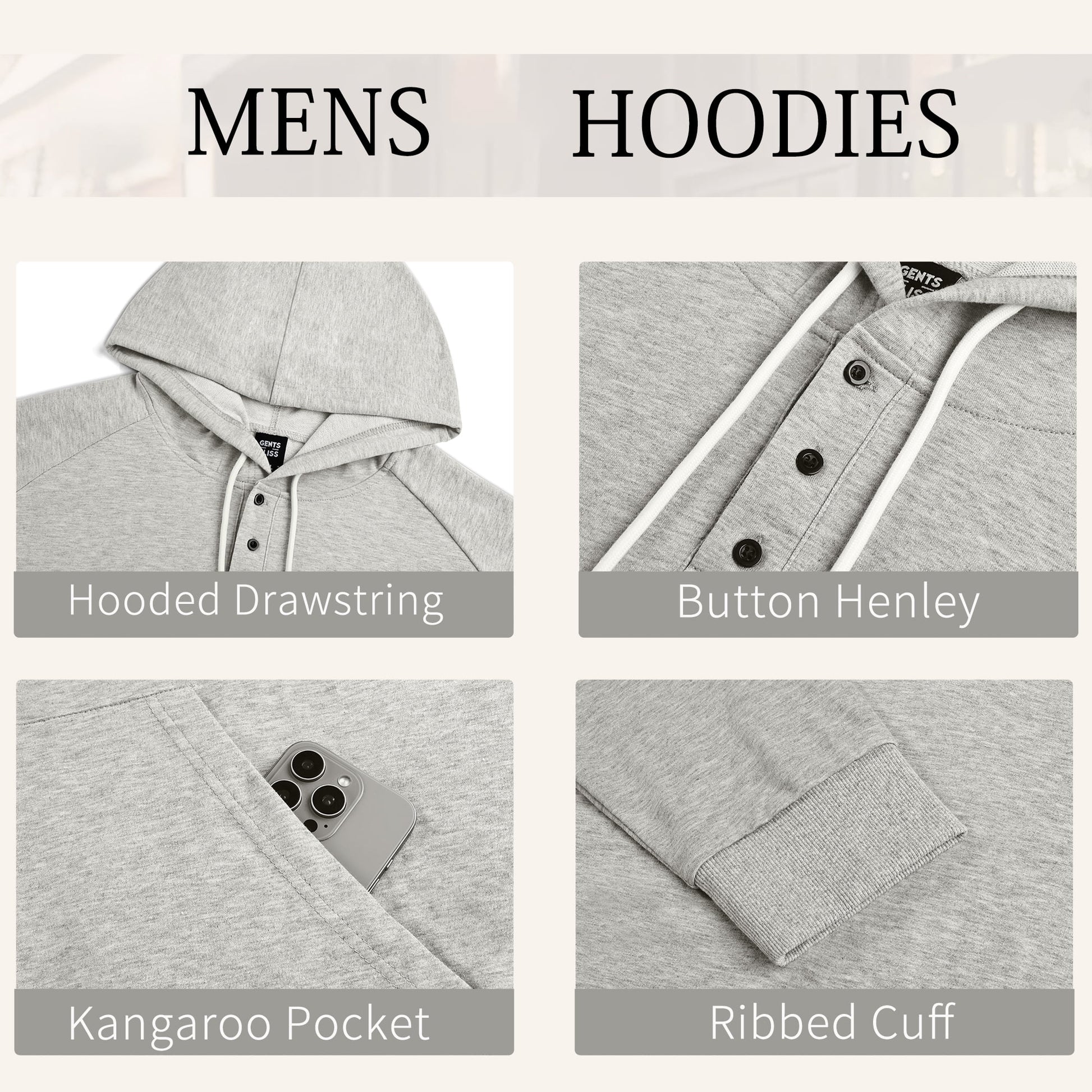 Henley Men Hoodies Sweatshirts Lightweight Sweatshirts for Men Drawstring Men Hoodies with Kangaroo Pocket