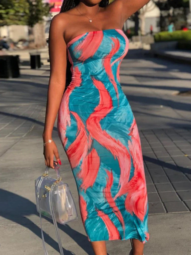 Sexy Boho Style Colorful Striped Tie-Dyed Long Maxi Dress Women Strapless Sleeveless Bodycon Dress Elegant Club Party Vestidos