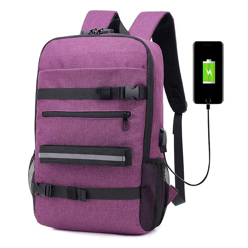 Skateboard Backpack Anti-Theft Password Lock USB Charging Shoulder Bag Unisex Leisure Travel Computer Bag Longboard Bag
