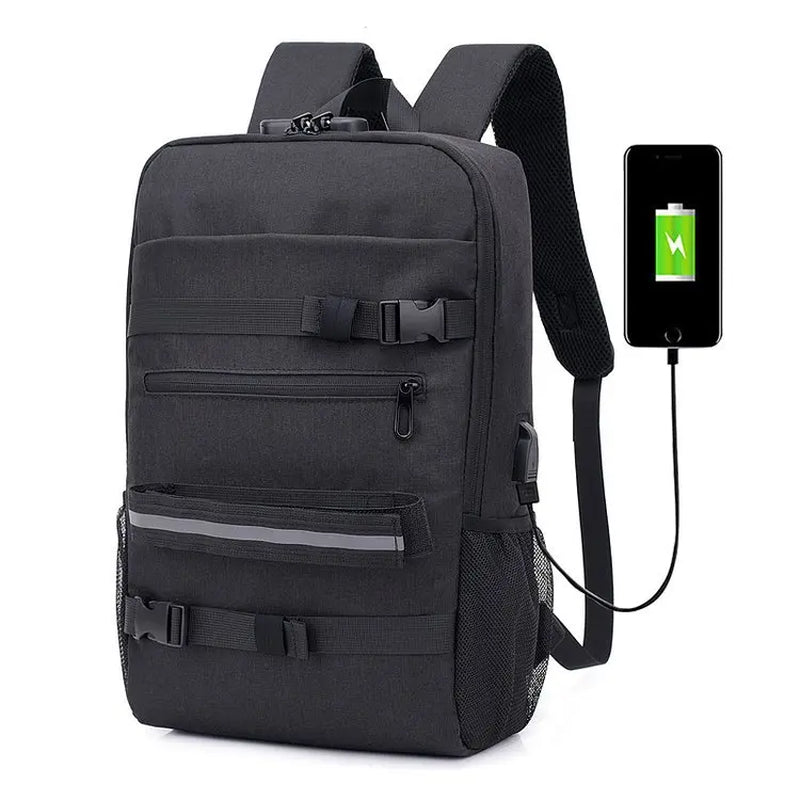 Skateboard Backpack Anti-Theft Password Lock USB Charging Shoulder Bag Unisex Leisure Travel Computer Bag Longboard Bag