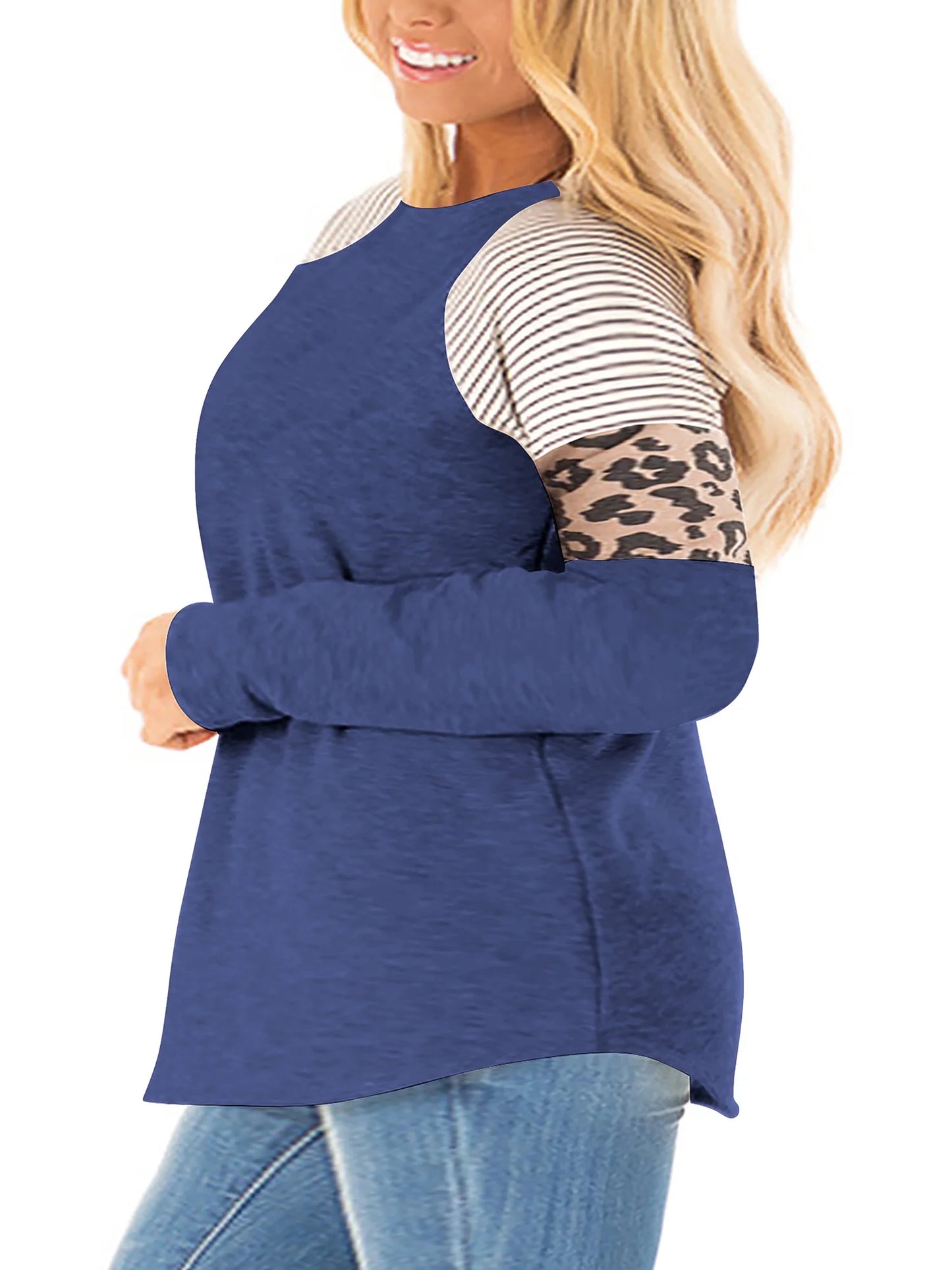 Plus Size Tops for Women Long Sleeve Crewneck Fall Tshirt Shirts Striped Print Fashion Tunic Blouse Tee for Woman Clothing