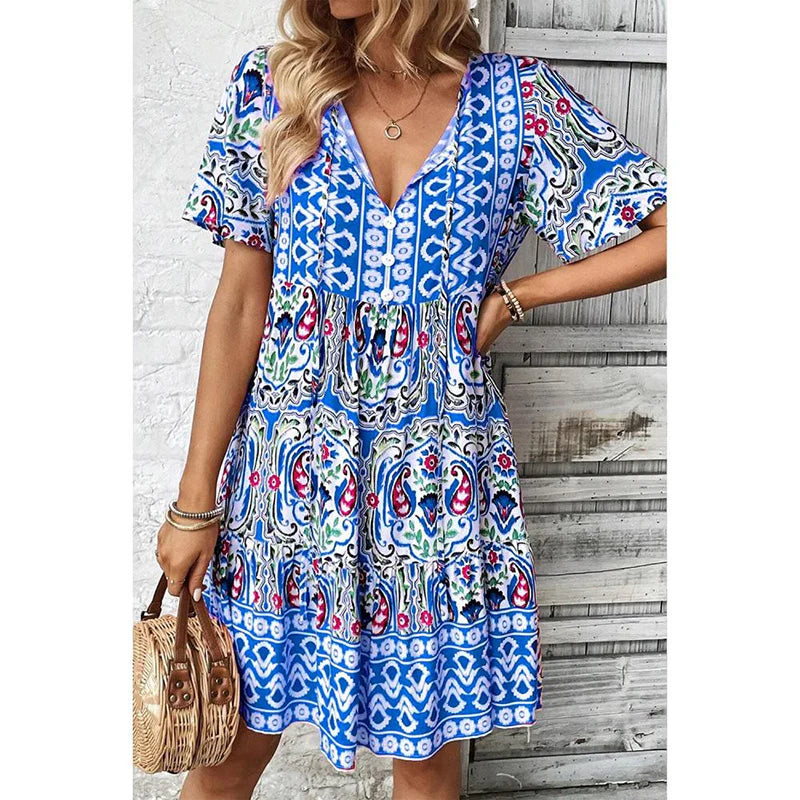 Women Casual Summer Bohemian Drawstring V Neck Short Sleeve Floral Print Flowy Dress