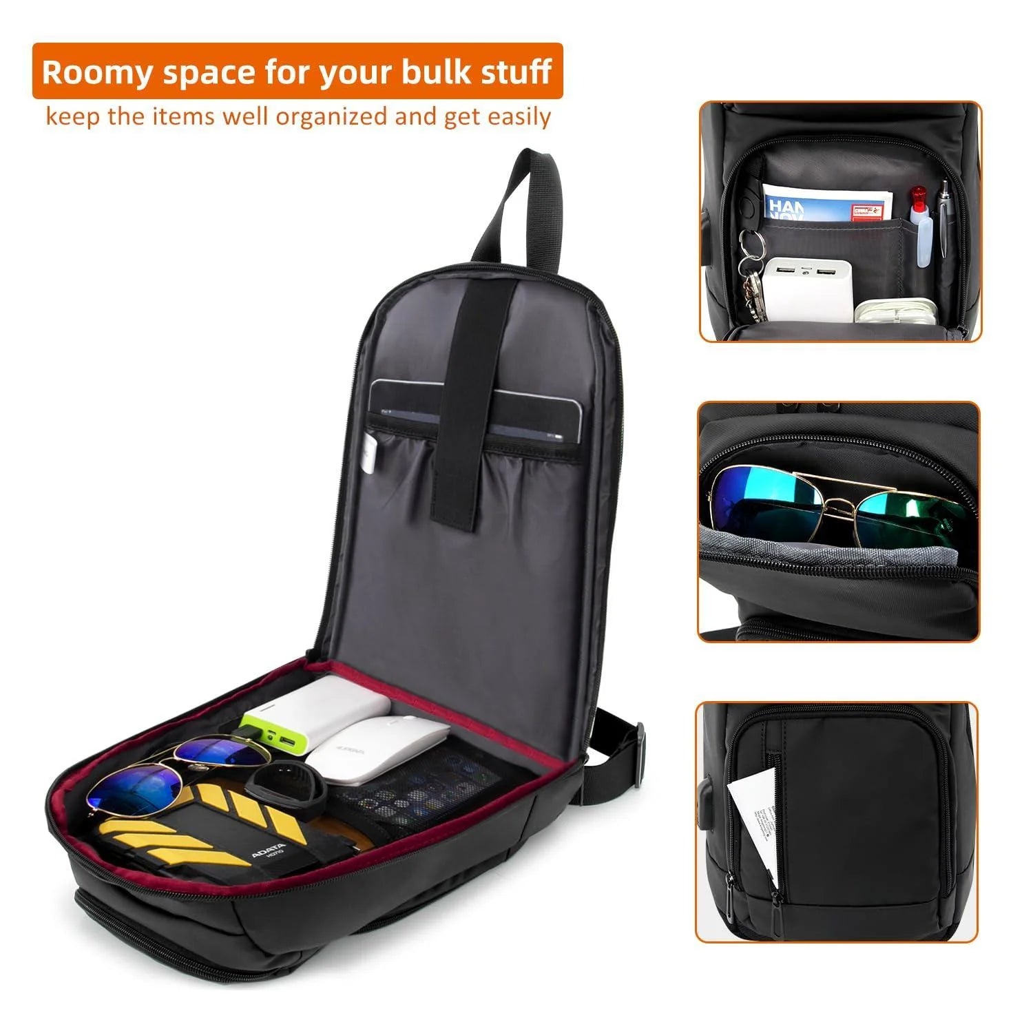 Sling Bag for Men Black Crossbody Bag with USB Charging Port Fits 10.2 Inch Ipad
