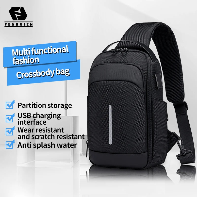Men'S Bag Shoulder Bag Multifunction Anti-Theft Waterproof Male Crossbody Bag Casual Short Trip Chest Pack USB Charging