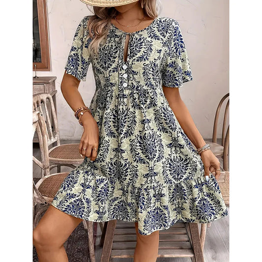 Women Casual Summer Bohemian Drawstring V Neck Short Sleeve Floral Print Flowy Dress
