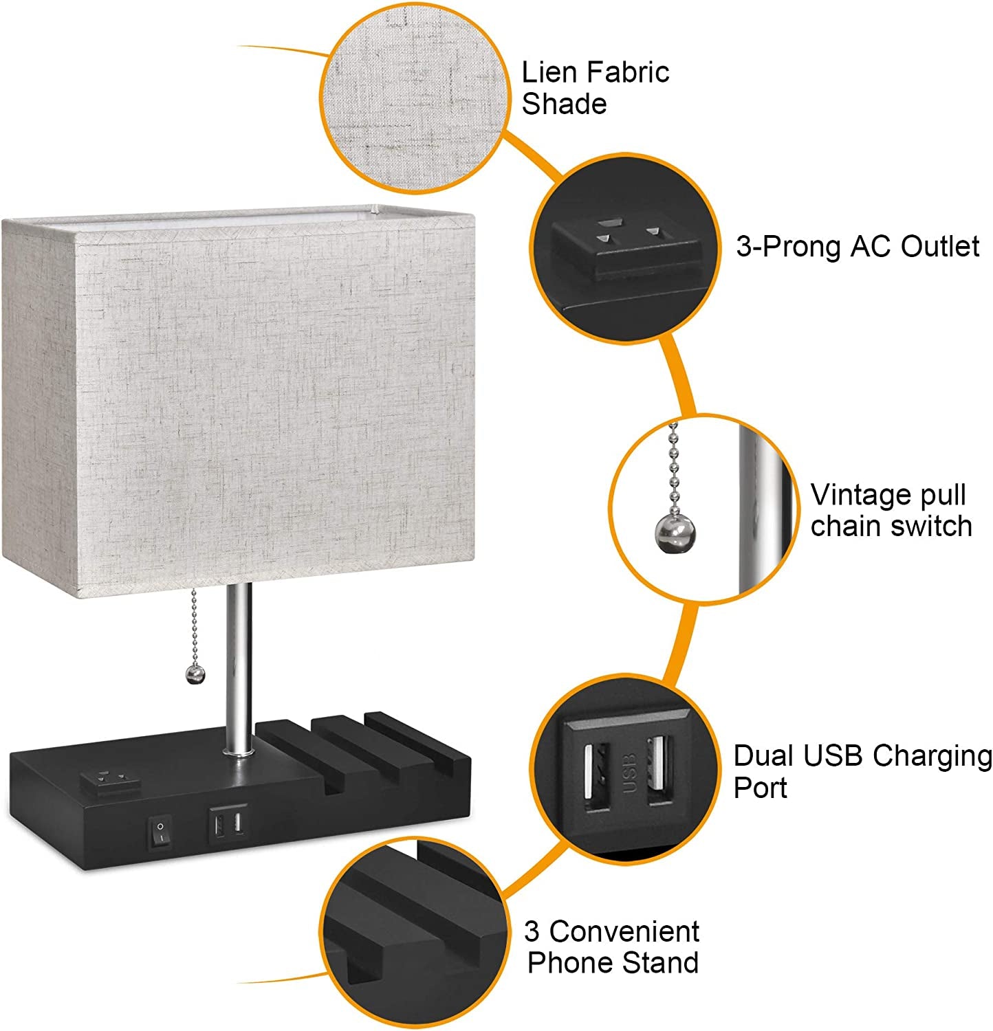 USB Bedside Lamp with Phone Stands, Table Lamp Dual Charging Ports, Nightstand Lamp for Bedroom,Minimalist Fabric Linen Lamp Shade with Pull Chain, E26 Warm White LED Bulb Included