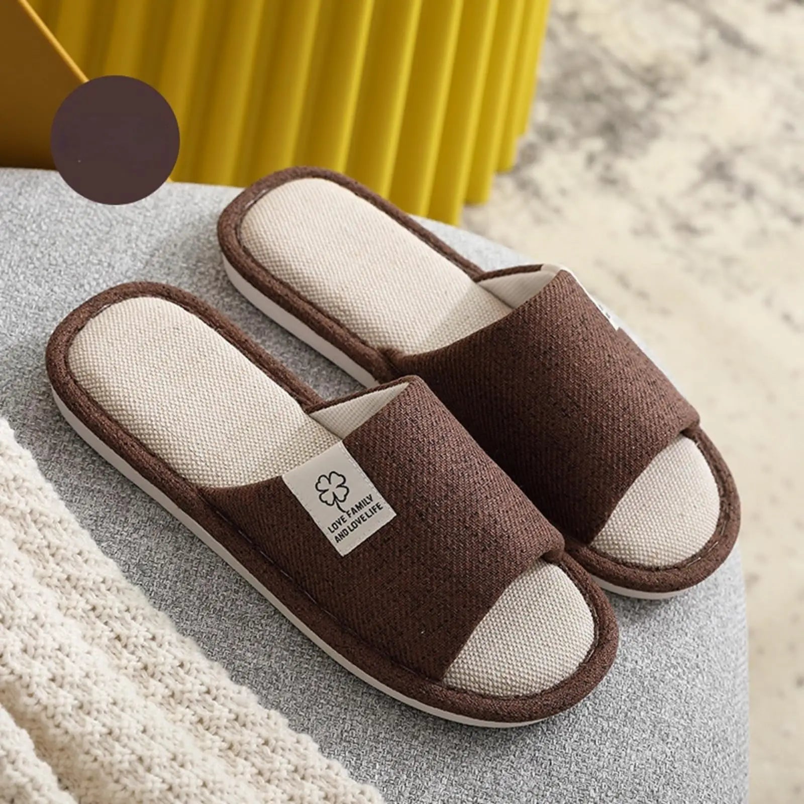 Linen Slippers, Striped Sandals for Women Men, Unisex Washable Open-Toe Home Slippers with Cute Print, Non-Slip Slippers