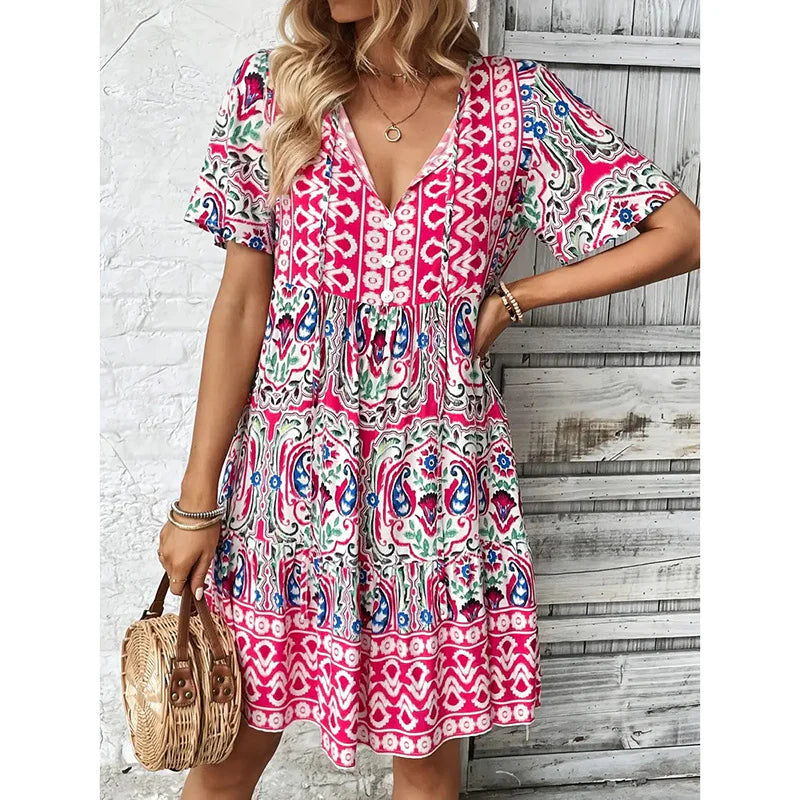 Women Casual Summer Bohemian Drawstring V Neck Short Sleeve Floral Print Flowy Dress