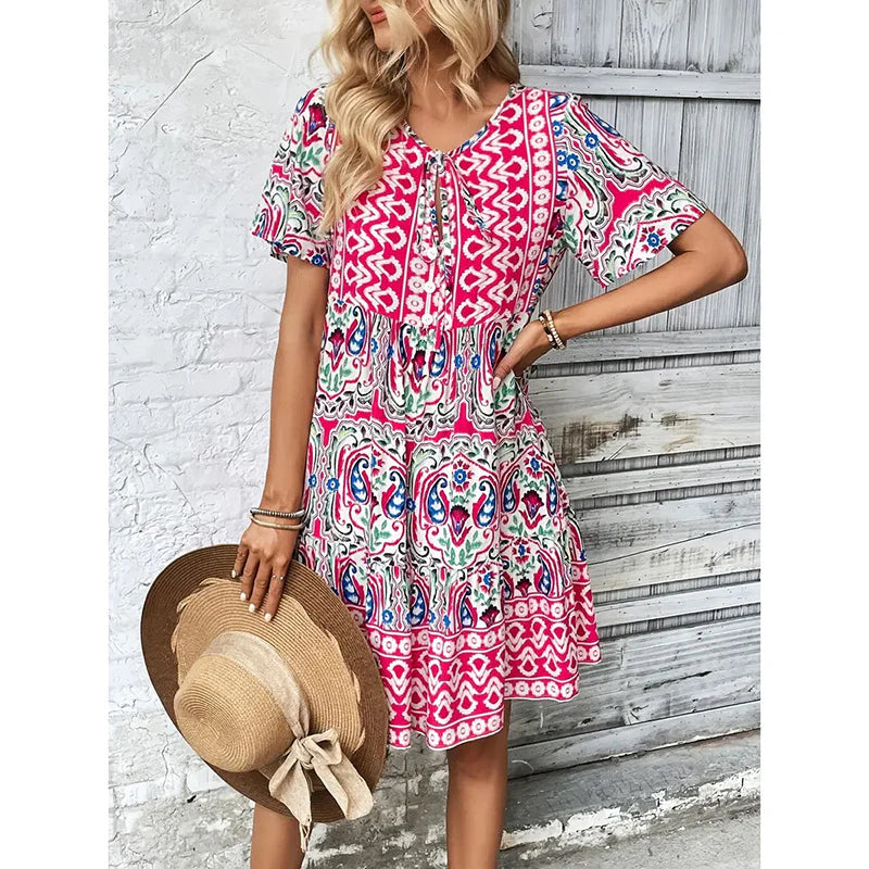 Women Casual Summer Bohemian Drawstring V Neck Short Sleeve Floral Print Flowy Dress