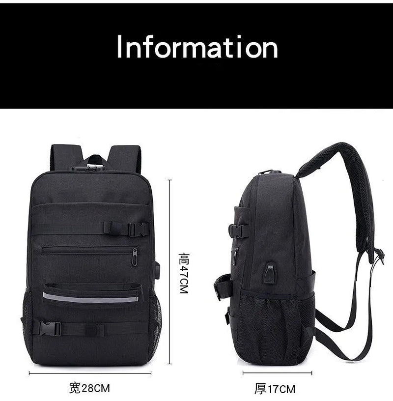 Skateboard Backpack Anti-Theft Password Lock USB Charging Shoulder Bag Unisex Leisure Travel Computer Bag Longboard Bag