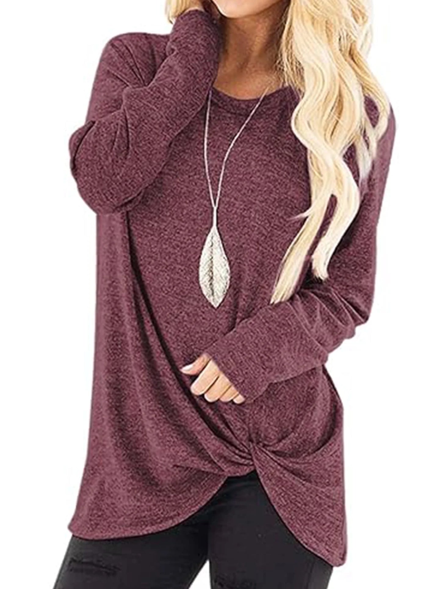 Fall Tops for Women Fashion Loose Casual Tops Long Sleeve round Neck Front Knot Tunic Shirts Wine Red Tee Blouses Clothing Size XL