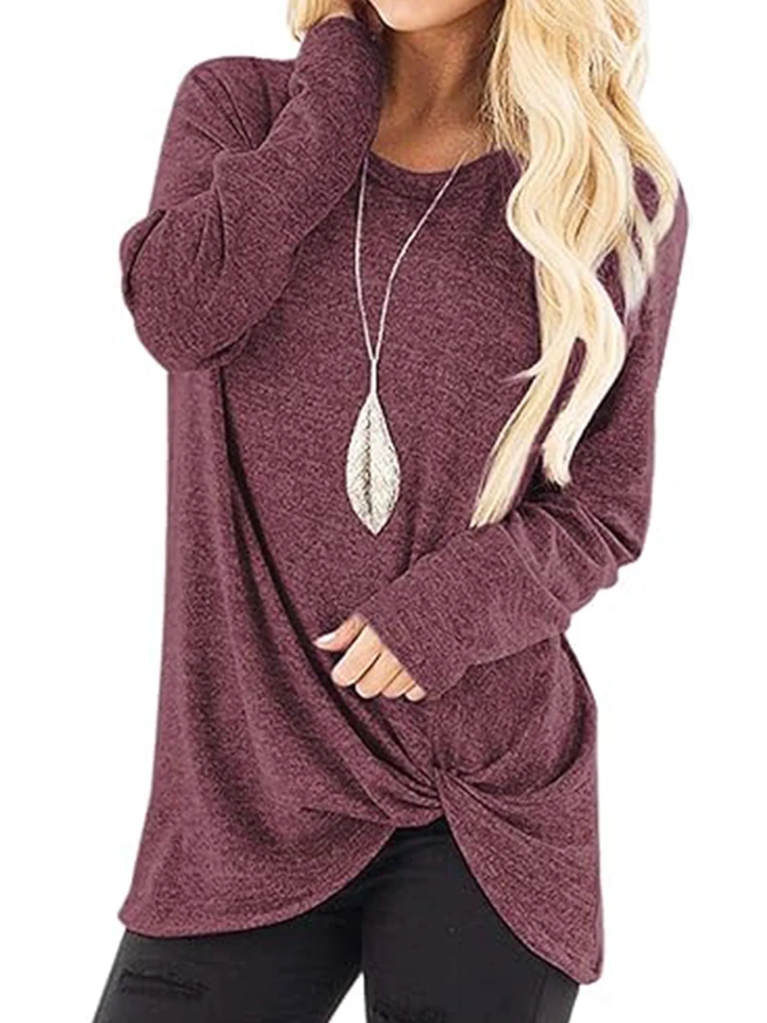 Fall Tops for Women Fashion Loose Casual Tops Long Sleeve round Neck Front Knot Tunic Shirts Wine Red Tee Blouses Clothing Size XL
