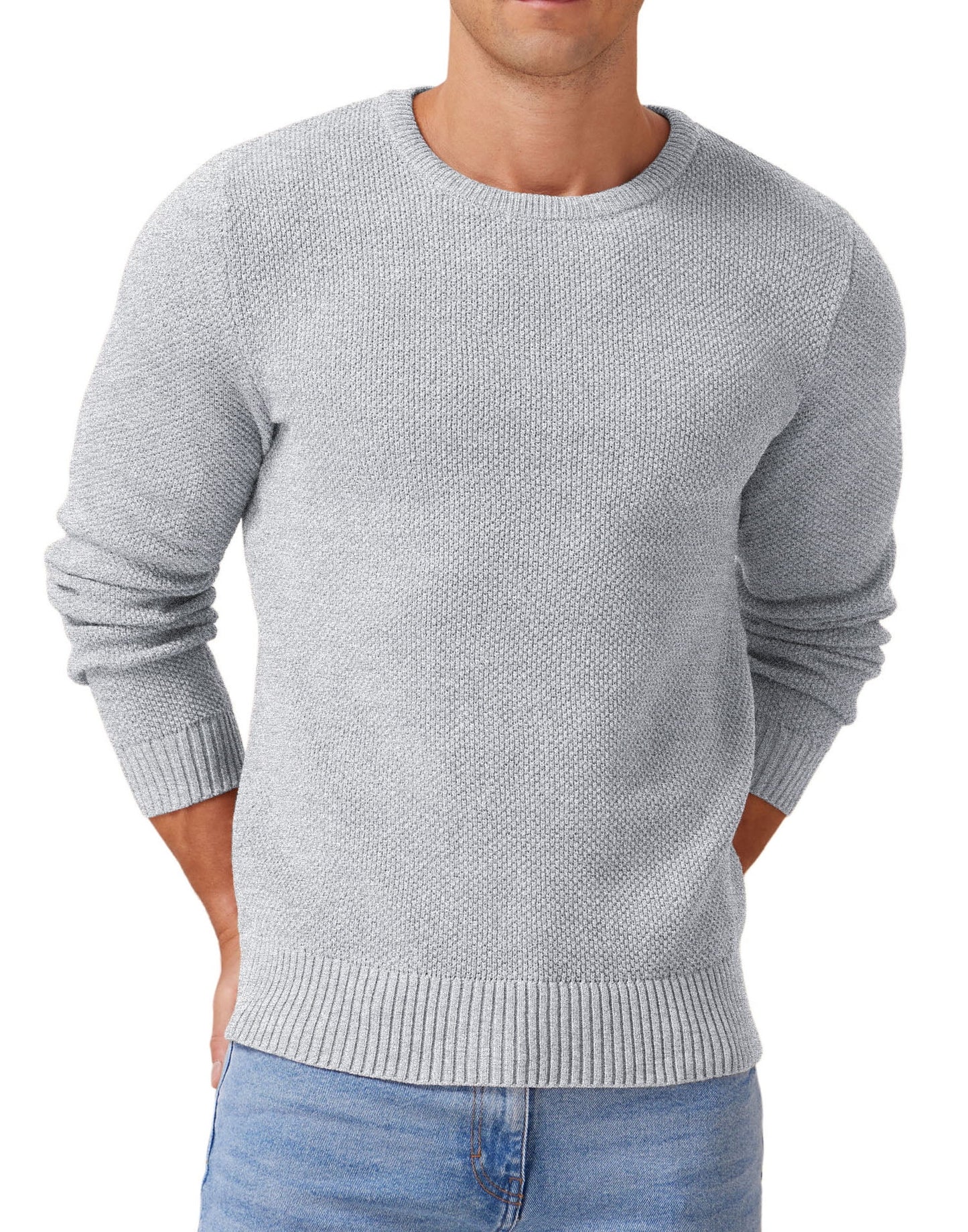 Mens Pullover Sweater Soft Lightweight Casual Classic Crewneck Knitwear Sweaters with Ribbing Edge Light Gray-Xxl