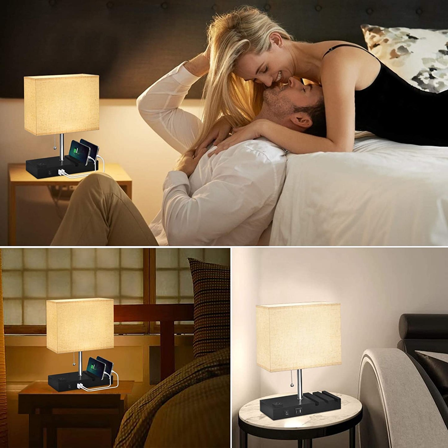 USB Bedside Lamp with Phone Stands, Table Lamp Dual Charging Ports, Nightstand Lamp for Bedroom,Minimalist Fabric Linen Lamp Shade with Pull Chain, E26 Warm White LED Bulb Included