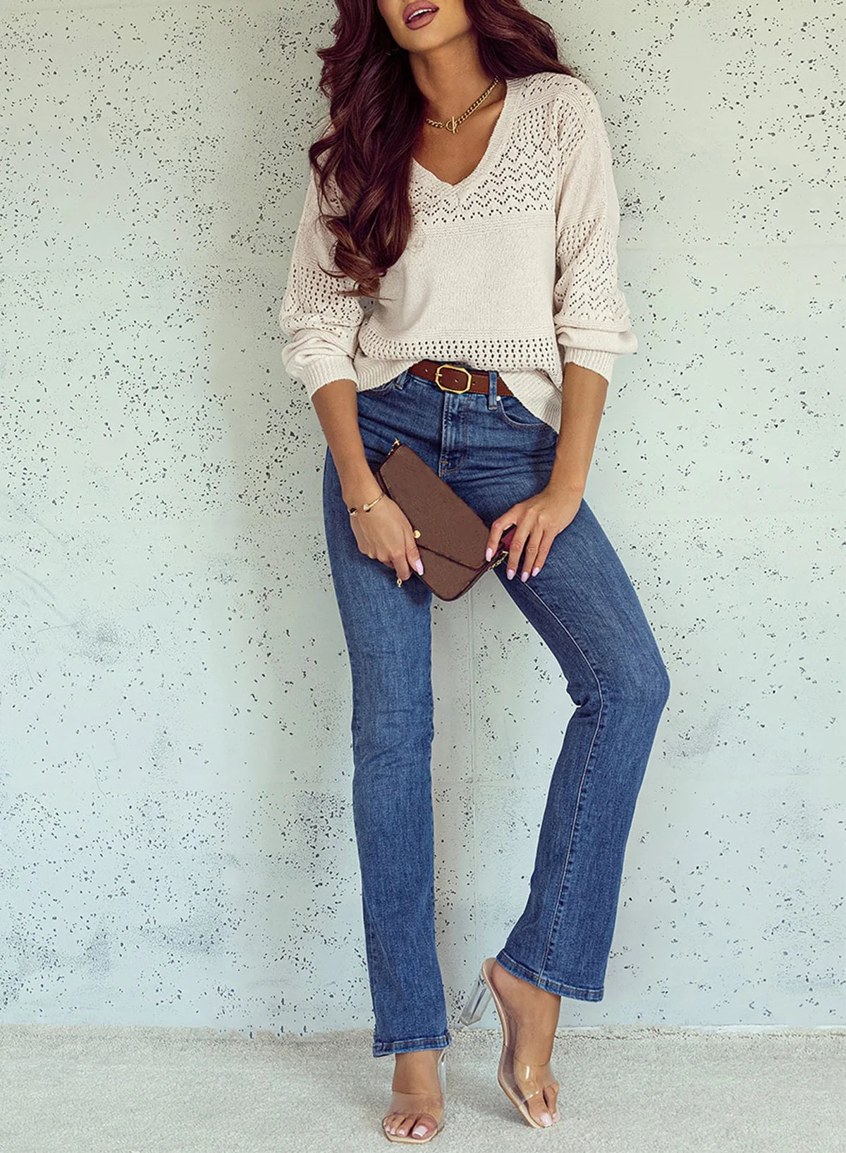 Sweaters for Women Oversized Sweater Fall Lightweight Crochet Sweater Hollow Out Knit Pullover Sweater Tops Casual Long Sleeve V Neck Sweater White XL