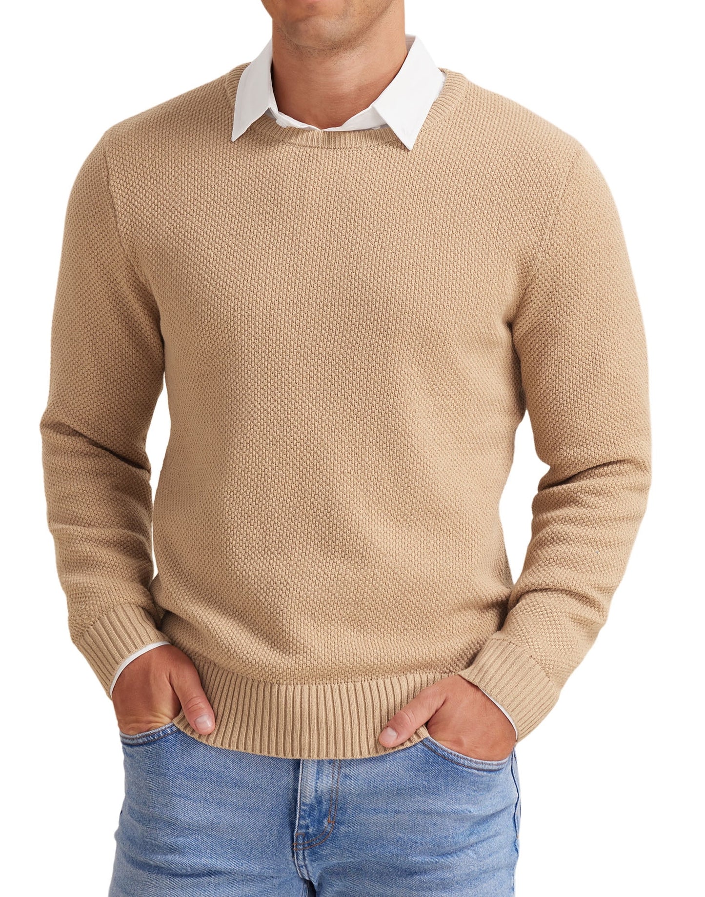Mens Pullover Sweater Soft Lightweight Casual Classic Crewneck Knitwear Sweaters with Ribbing Edge Light Camel-Xxl