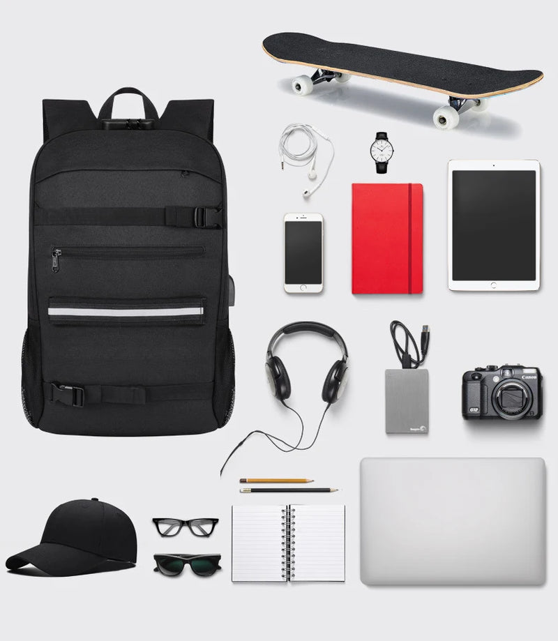 Skateboard Backpack Anti-Theft Password Lock USB Charging Shoulder Bag Unisex Leisure Travel Computer Bag Longboard Bag
