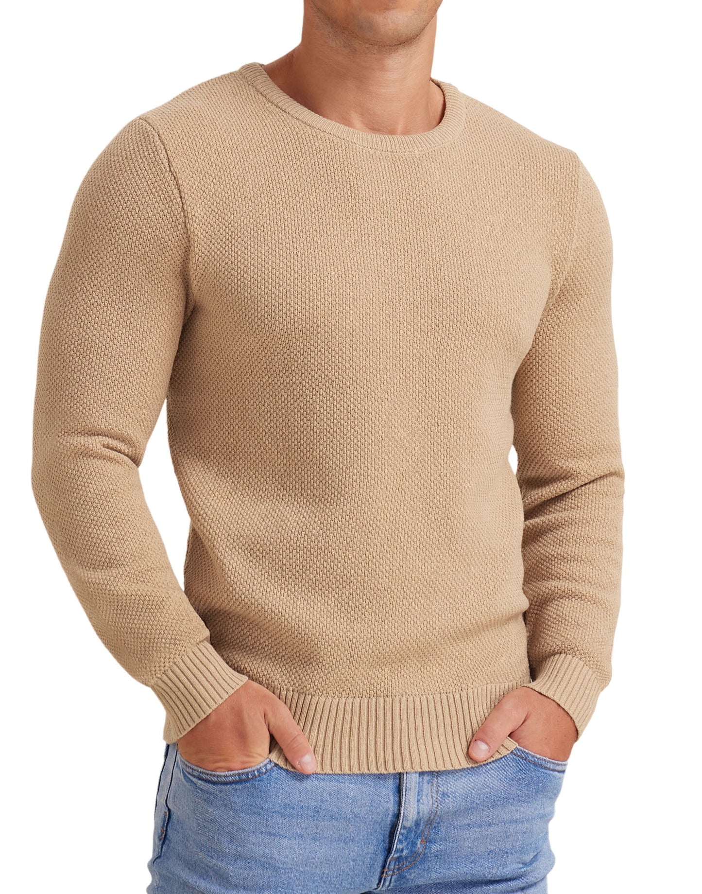 Mens Pullover Sweater Soft Lightweight Casual Classic Crewneck Knitwear Sweaters with Ribbing Edge Light Camel-Xxl