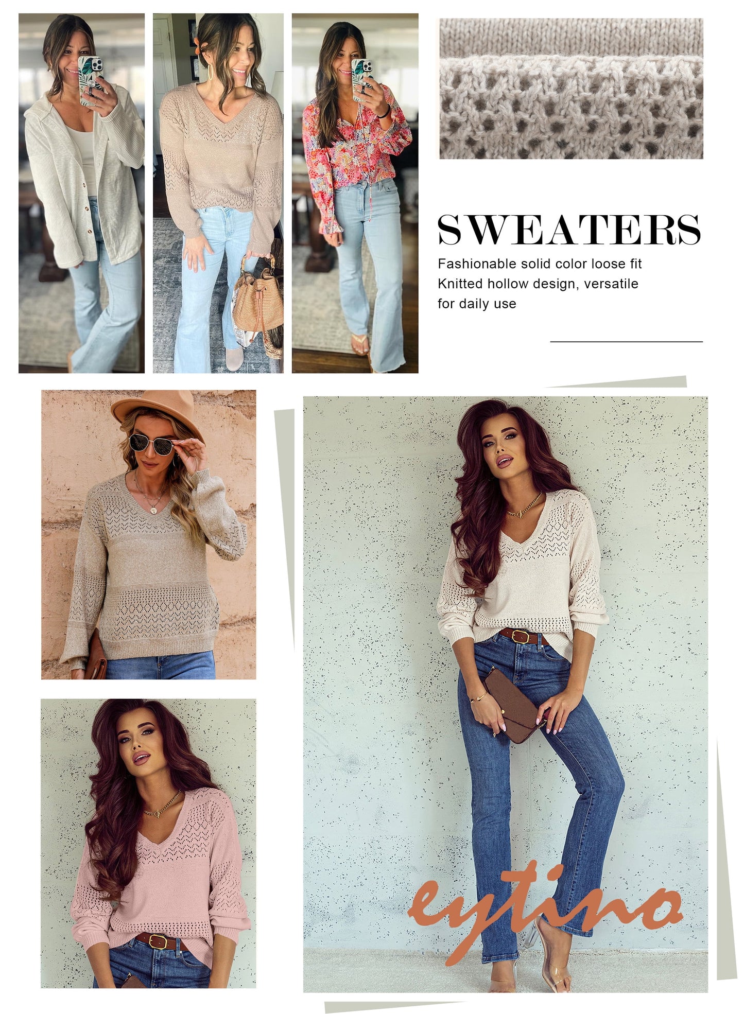 Sweaters for Women Oversized Sweater Fall Lightweight Crochet Sweater Hollow Out Knit Pullover Sweater Tops Casual Long Sleeve V Neck Sweater White XL