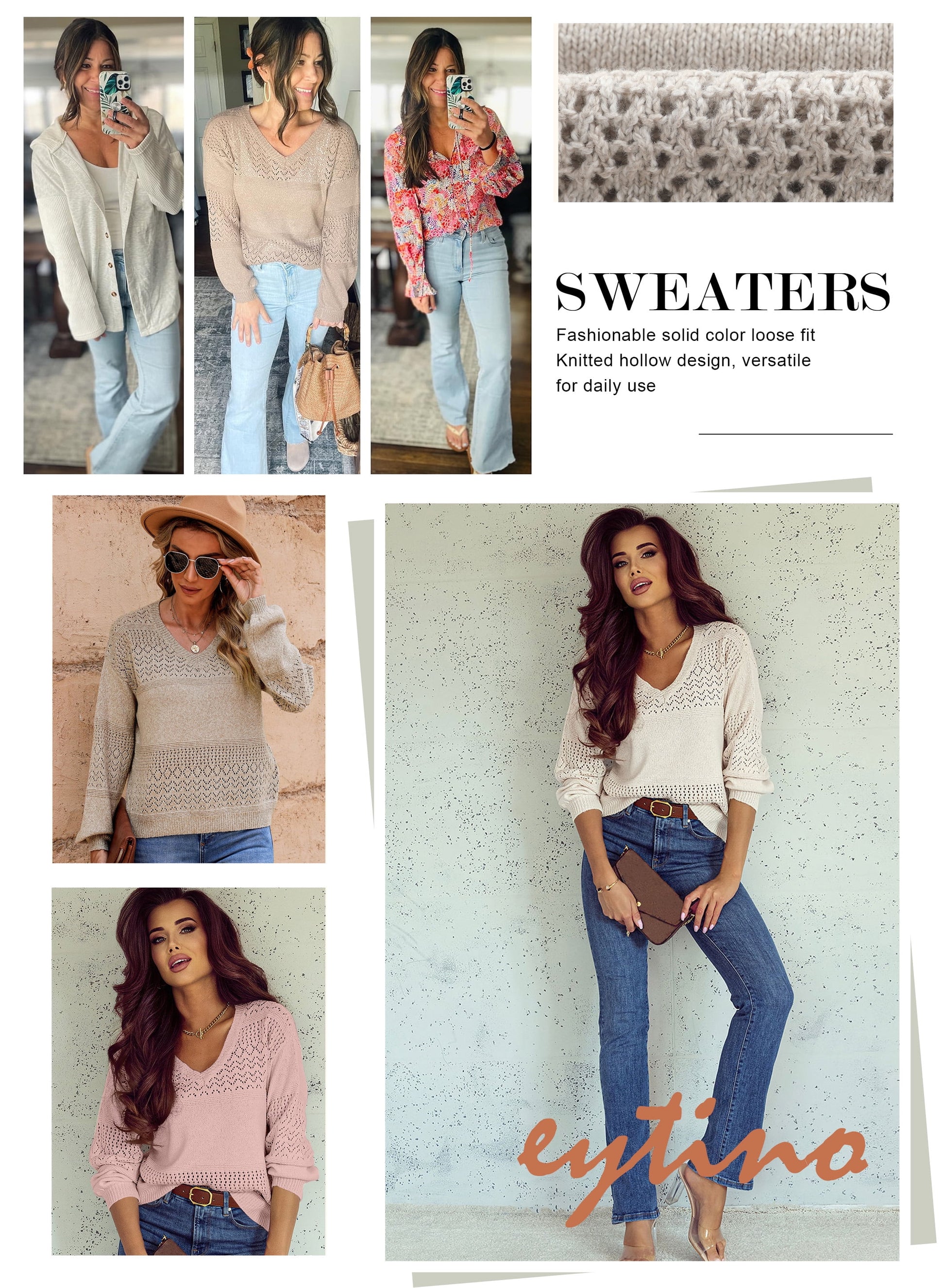 Sweaters for Women Oversized Sweater Fall Lightweight Crochet Sweater Hollow Out Knit Pullover Sweater Tops Casual Long Sleeve V Neck Sweater White XL