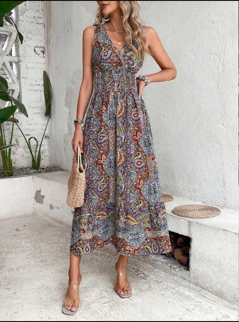 Fashion Sleeveless Maxi Boho Dress Women 2024 Summer Print Elastic Waist Bohemian Elegant Tank Long Dresses for Women Robe Femme