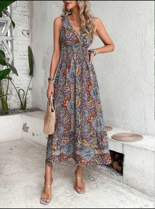 Fashion Sleeveless Maxi Boho Dress Women 2024 Summer Print Elastic Waist Bohemian Elegant Tank Long Dresses for Women Robe Femme