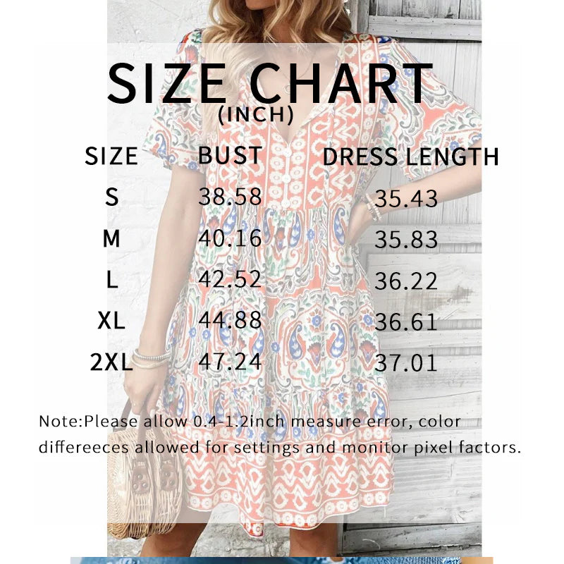 Women Casual Summer Bohemian Drawstring V Neck Short Sleeve Floral Print Flowy Dress