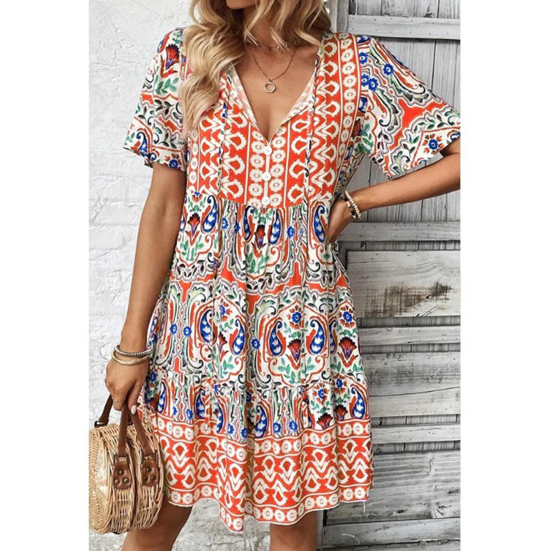 Women Casual Summer Bohemian Drawstring V Neck Short Sleeve Floral Print Flowy Dress